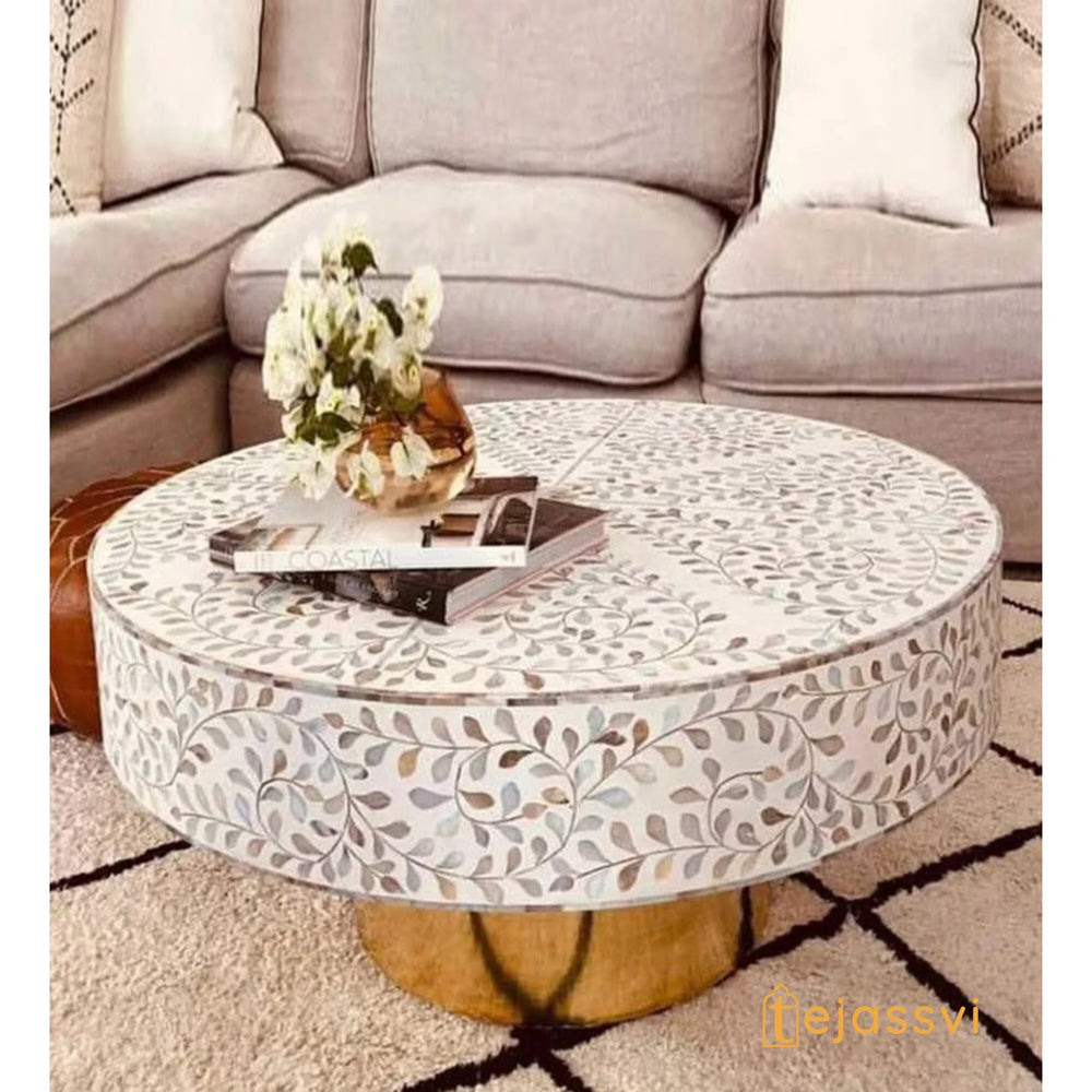 Wood MOP Round Coffee Table / Mother of pearl Inlay Coffee Table / Floral Design Centre Table / MOP Inlay Furniture Cocktail Table / Modern Luxury furniture.