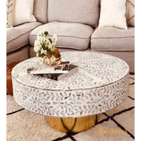 Wood MOP Round Coffee Table / Mother of pearl Inlay Coffee Table / Floral Design Centre Table / MOP Inlay Furniture Cocktail Table / Modern Luxury furniture.