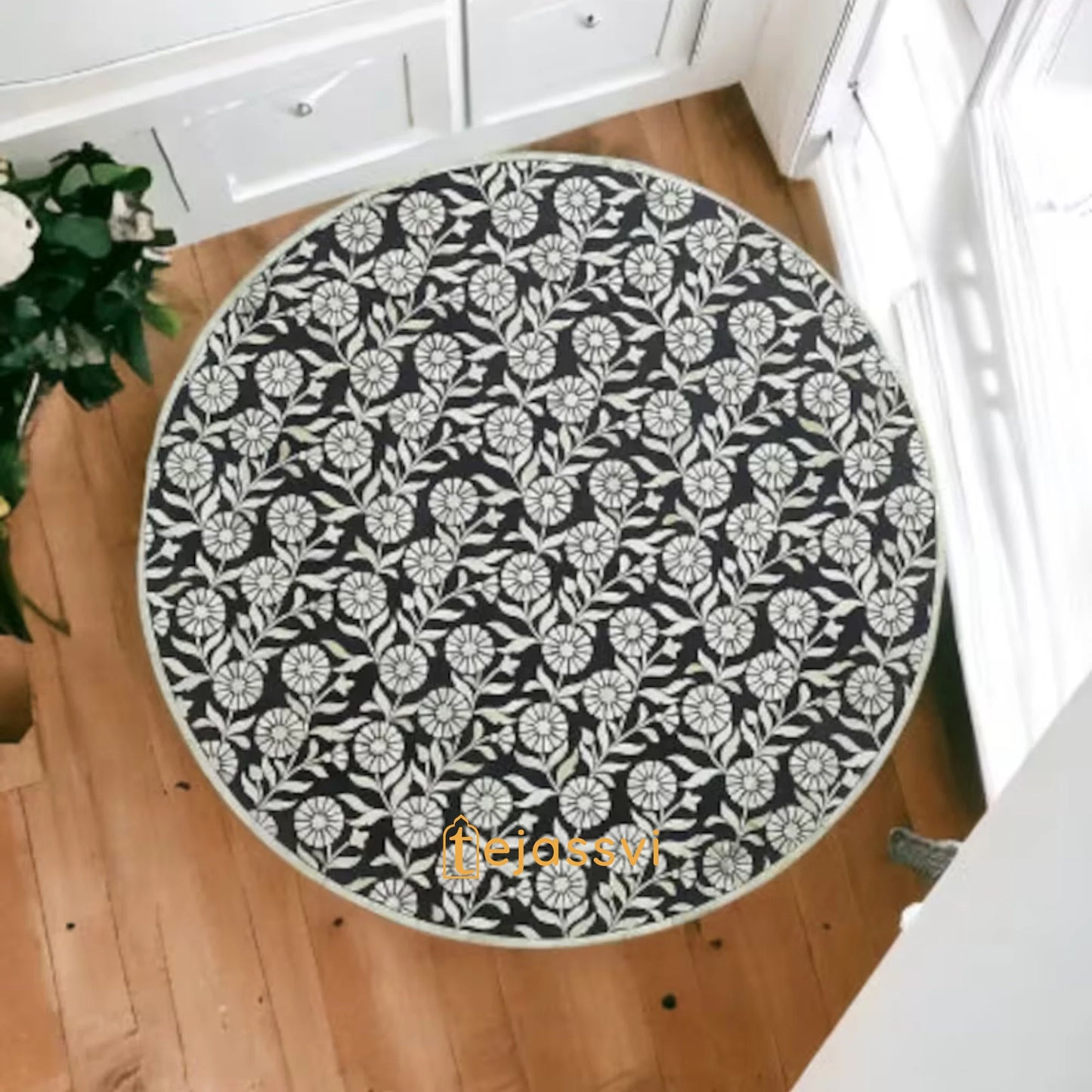 Floral Black Centre Table Handmade Bone Inlay Coffee Table | Center Table, BONE INLAY TABLE, Round Coffee Table Bone Inlay Cocktail Table