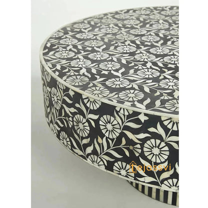 Floral Black Centre Table Handmade Bone Inlay Coffee Table | Center Table, BONE INLAY TABLE, Round Coffee Table Bone Inlay Cocktail Table