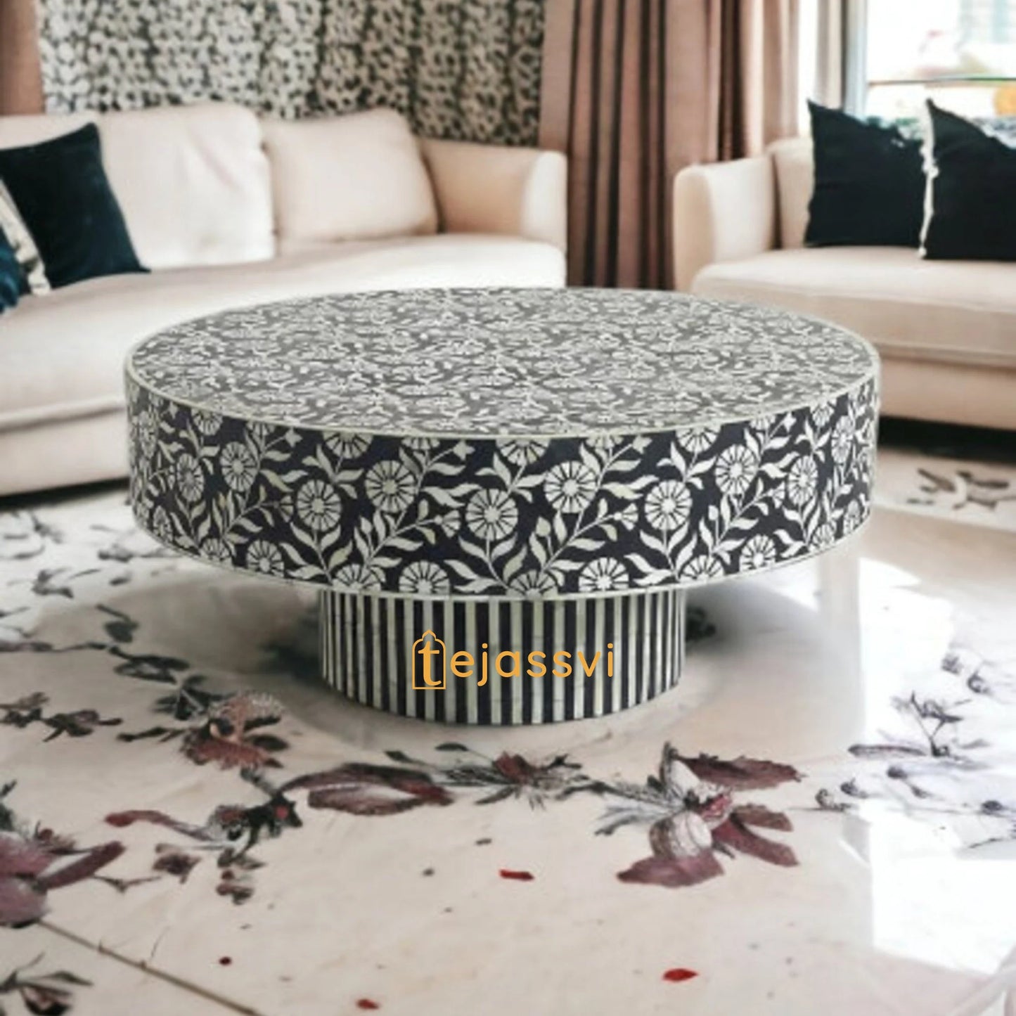 Floral Black Centre Table Handmade Bone Inlay Coffee Table | Center Table, BONE INLAY TABLE, Round Coffee Table Bone Inlay Cocktail Table