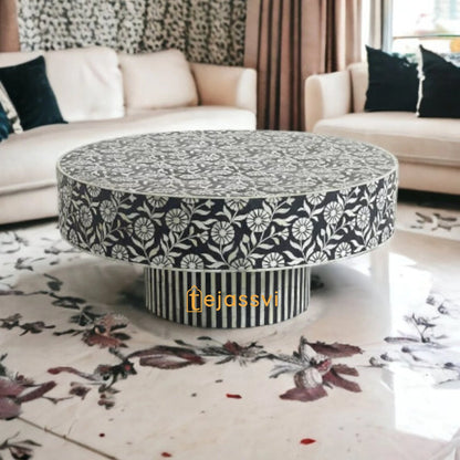 Floral Black Centre Table Handmade Bone Inlay Coffee Table | Center Table, BONE INLAY TABLE, Round Coffee Table Bone Inlay Cocktail Table