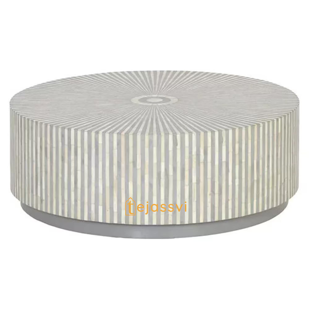 Wooden Bone Inlay Coffee Table / Round Coffee Table / Strip Design Centre Table / Bone Inlay Furniture Cocktail Table / Modern Luxury furniture.