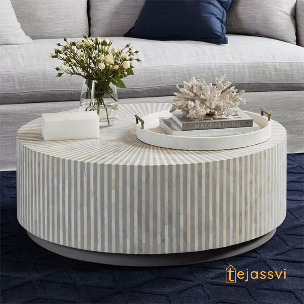 Wooden Bone Inlay Coffee Table / Round Coffee Table / Strip Design Centre Table / Bone Inlay Furniture Cocktail Table / Modern Luxury furniture.
