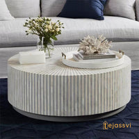 Wooden Bone Inlay Coffee Table / Round Coffee Table / Strip Design Centre Table / Bone Inlay Furniture Cocktail Table / Modern Luxury furniture.