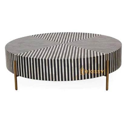 BONE Inlay Round Coffee Table / Centre Table, Bone Inlay Floral Round Coffee Table Handmade Bone Inlay Modern Pattern Furniture.