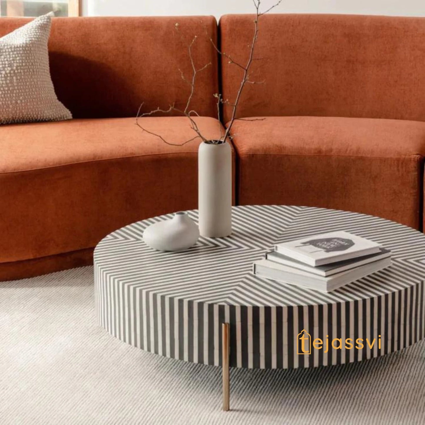 BONE Inlay Round Coffee Table / Centre Table, Bone Inlay Floral Round Coffee Table Handmade Bone Inlay Modern Pattern Furniture.