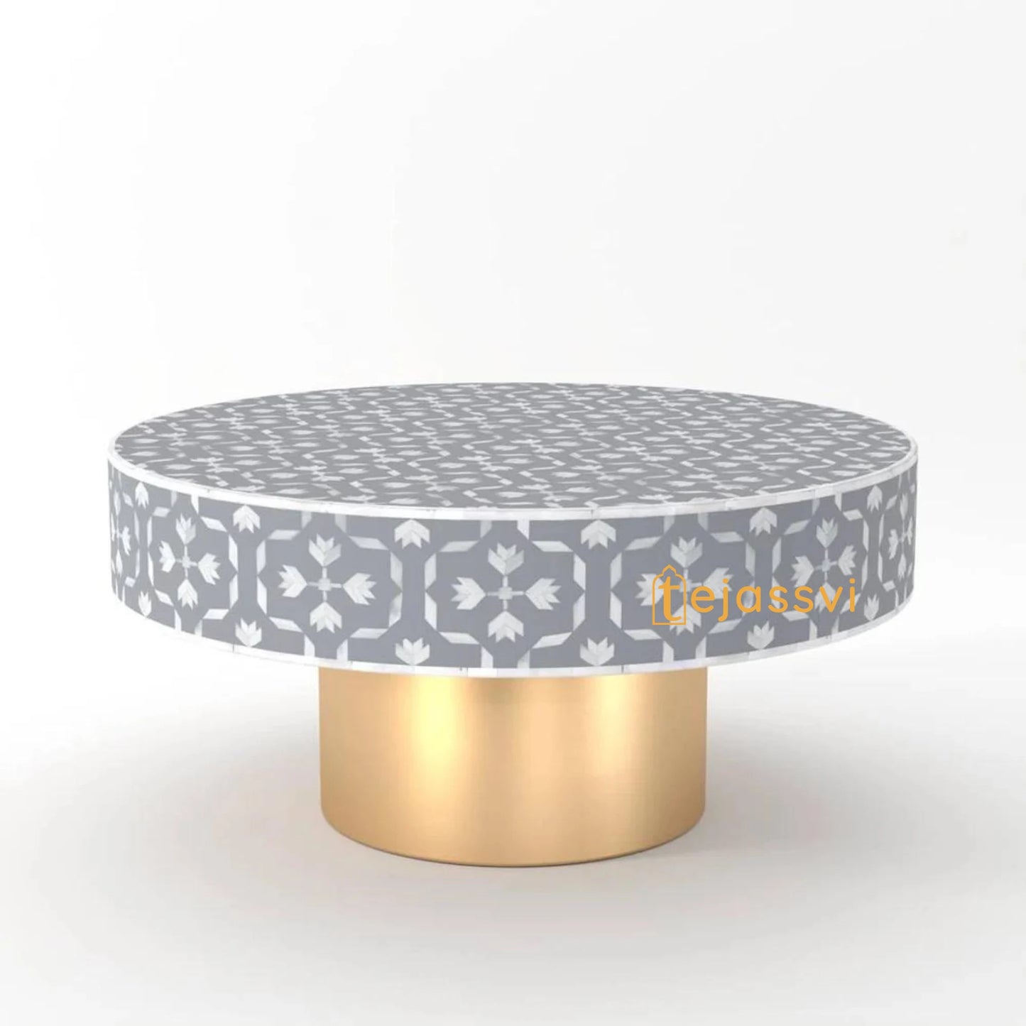 BONE Inlay Round Coffee Table/Centre Table, Bone Inlay Floral Round Coffee Table Handmade Bone Inlay Modern Pattern Furniture Cocktail Table