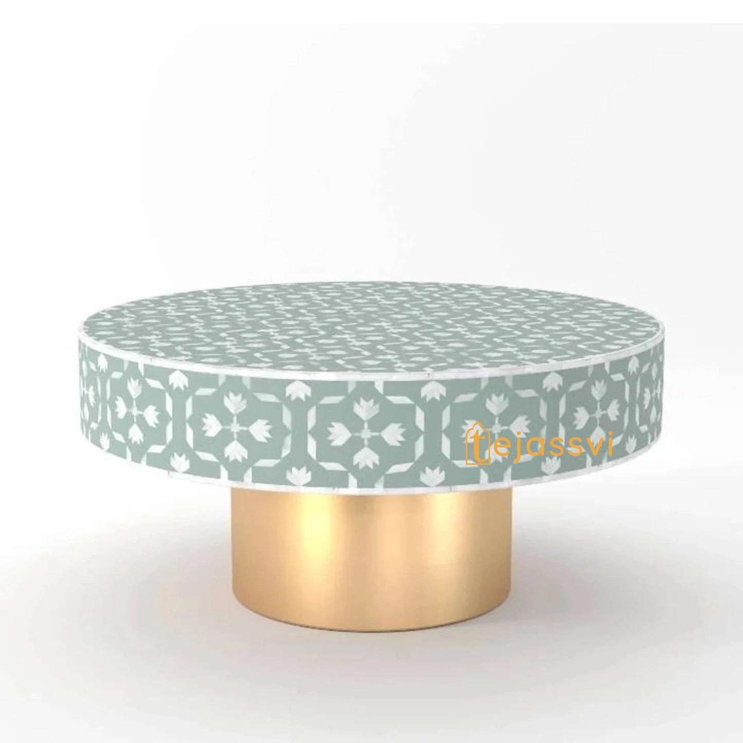 BONE Inlay Round Coffee Table/Centre Table, Bone Inlay Floral Round Coffee Table Handmade Bone Inlay Modern Pattern Furniture Cocktail Table