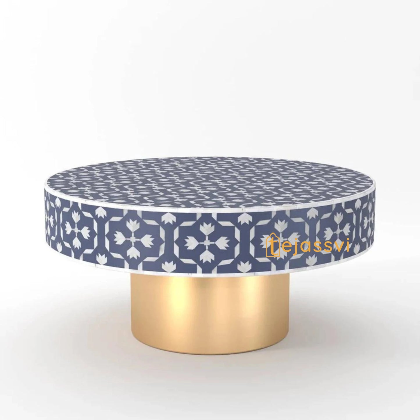 BONE Inlay Round Coffee Table/Centre Table, Bone Inlay Floral Round Coffee Table Handmade Bone Inlay Modern Pattern Furniture Cocktail Table