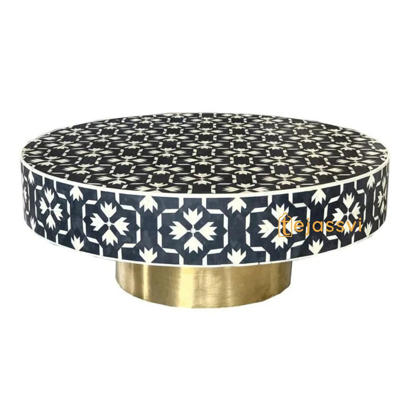 BONE Inlay Round Coffee Table/Centre Table, Bone Inlay Floral Round Coffee Table Handmade Bone Inlay Modern Pattern Furniture Cocktail Table