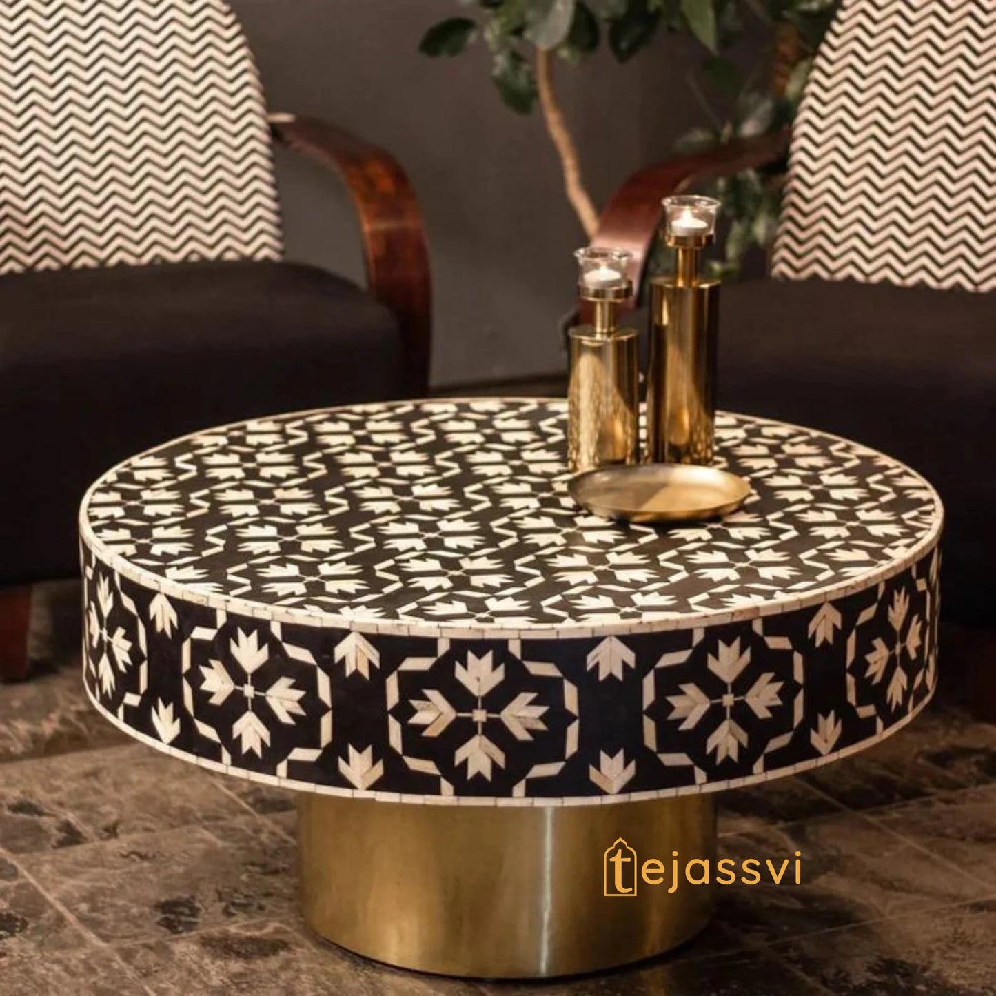 BONE Inlay Round Coffee Table/Centre Table, Bone Inlay Floral Round Coffee Table Handmade Bone Inlay Modern Pattern Furniture Cocktail Table