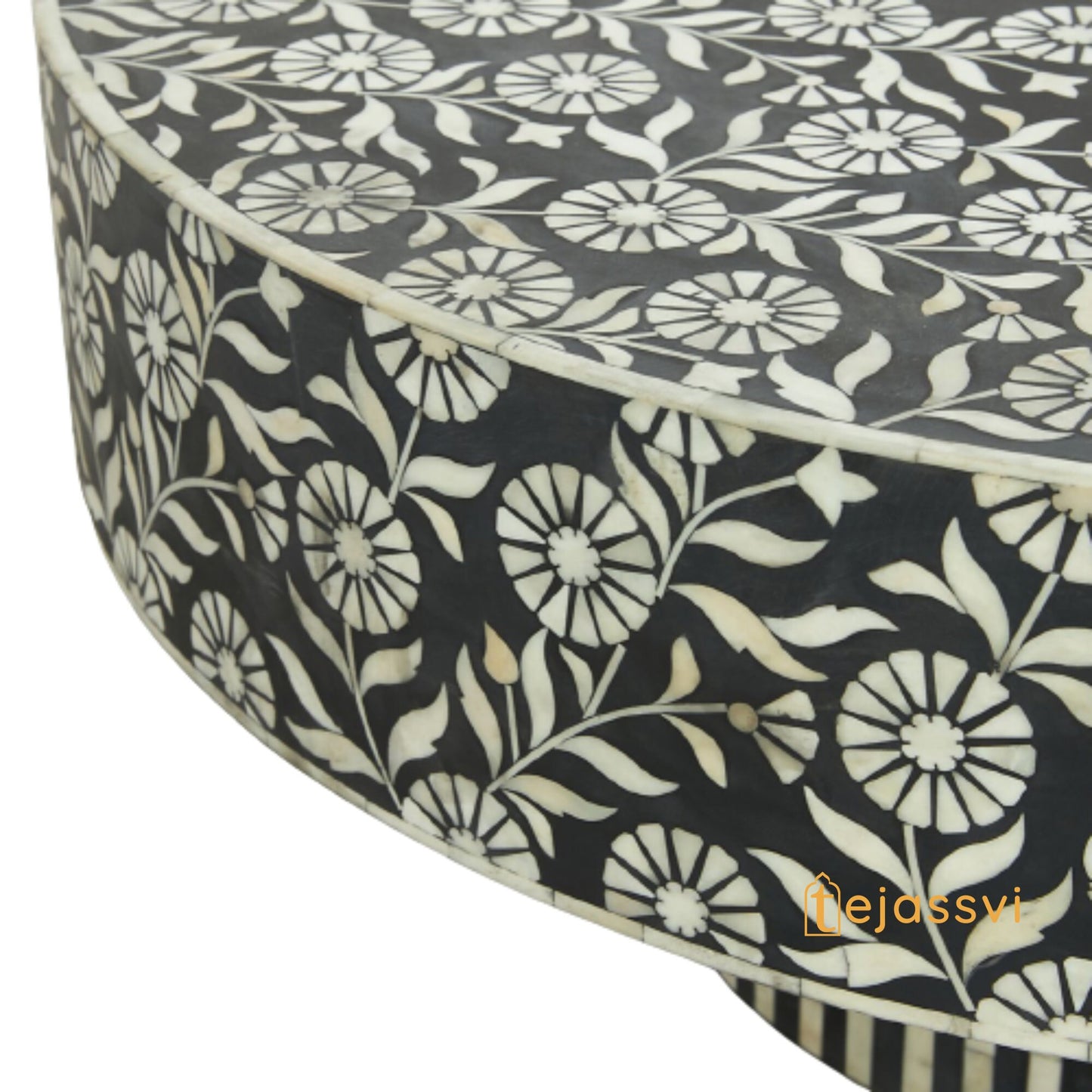 Wooden Coffee Table/Handmade Bone Inlay Oval Shape Coffee Table/Center Table/Black Floral Design Centre Table, Bone Inlay Cocktail Table..