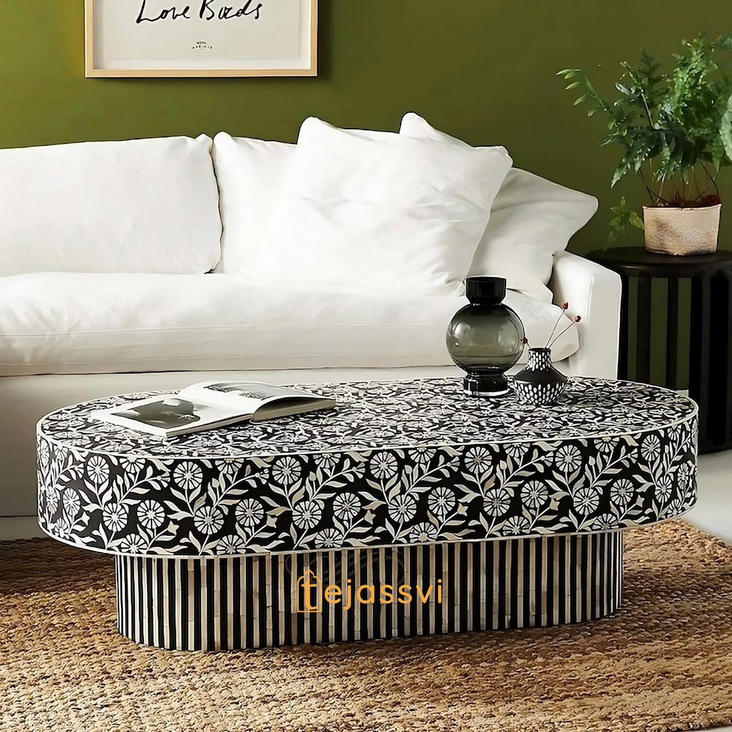 Wooden Coffee Table/Handmade Bone Inlay Oval Shape Coffee Table/Center Table/Black Floral Design Centre Table, Bone Inlay Cocktail Table..