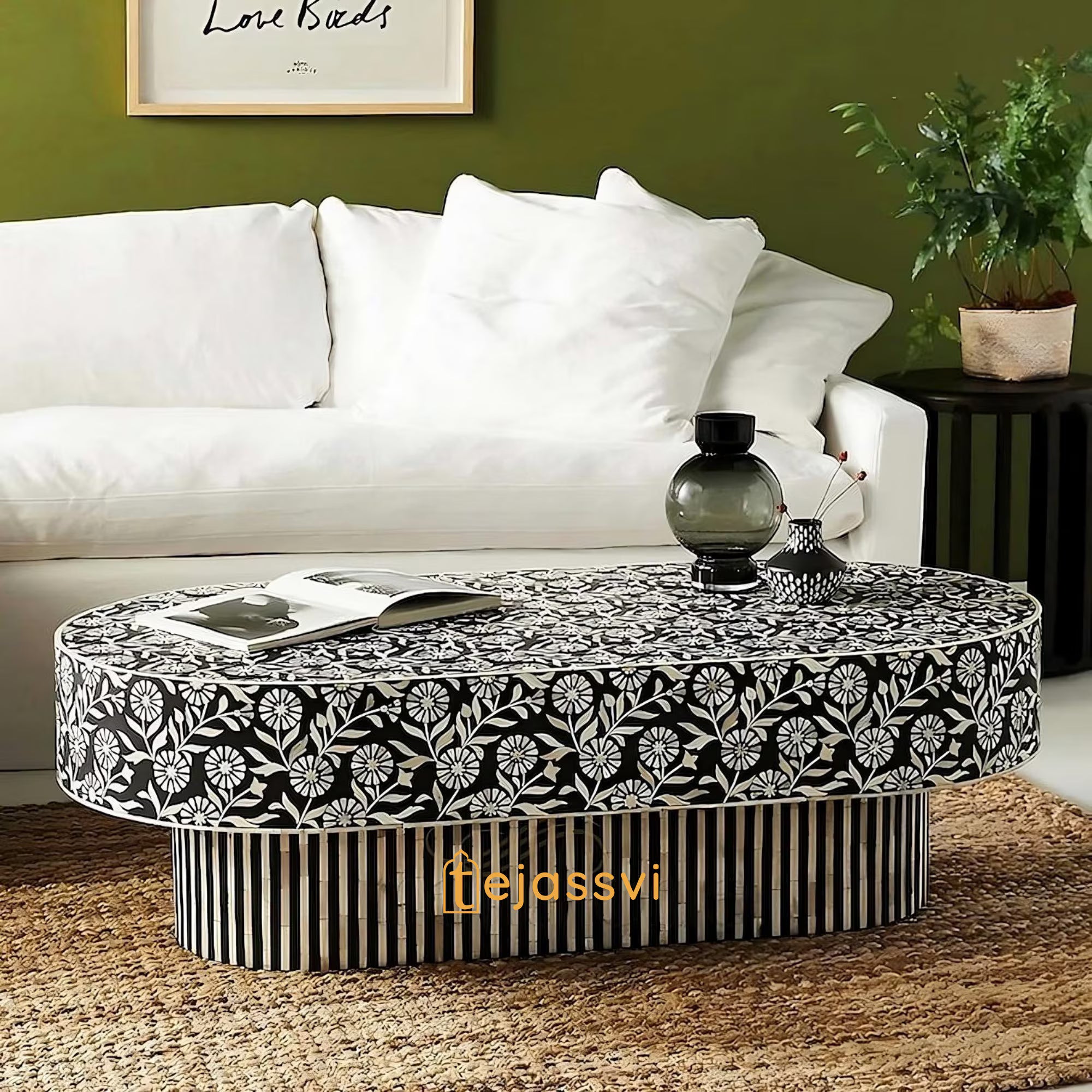 Wooden Oval Shape Coffee Table / Bone Inlay Coffee Table / Oval Shape Coffee Table / Floral Design Centre Table / Bone Inlay Furniture Cocktail Table.