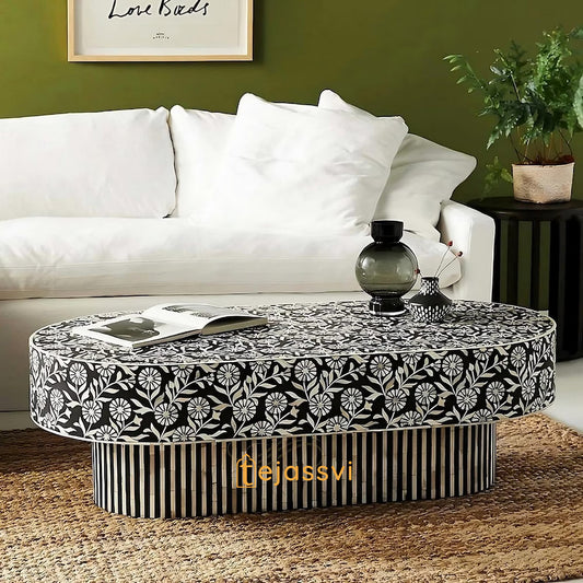 Wooden Coffee Table/Handmade Bone Inlay Oval Shape Coffee Table/Center Table/Black Floral Design Centre Table, Bone Inlay Cocktail Table..