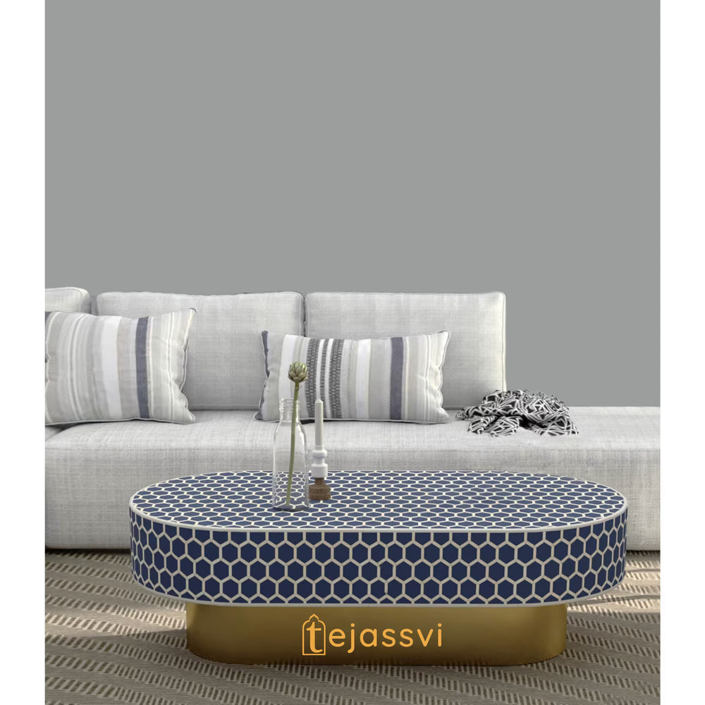 Bone Inlay Coffee Table / Wooden Oval Shape Coffee Table / Bone Inlay Centre Table  / Bone Inlay Furniture Cocktail Table.