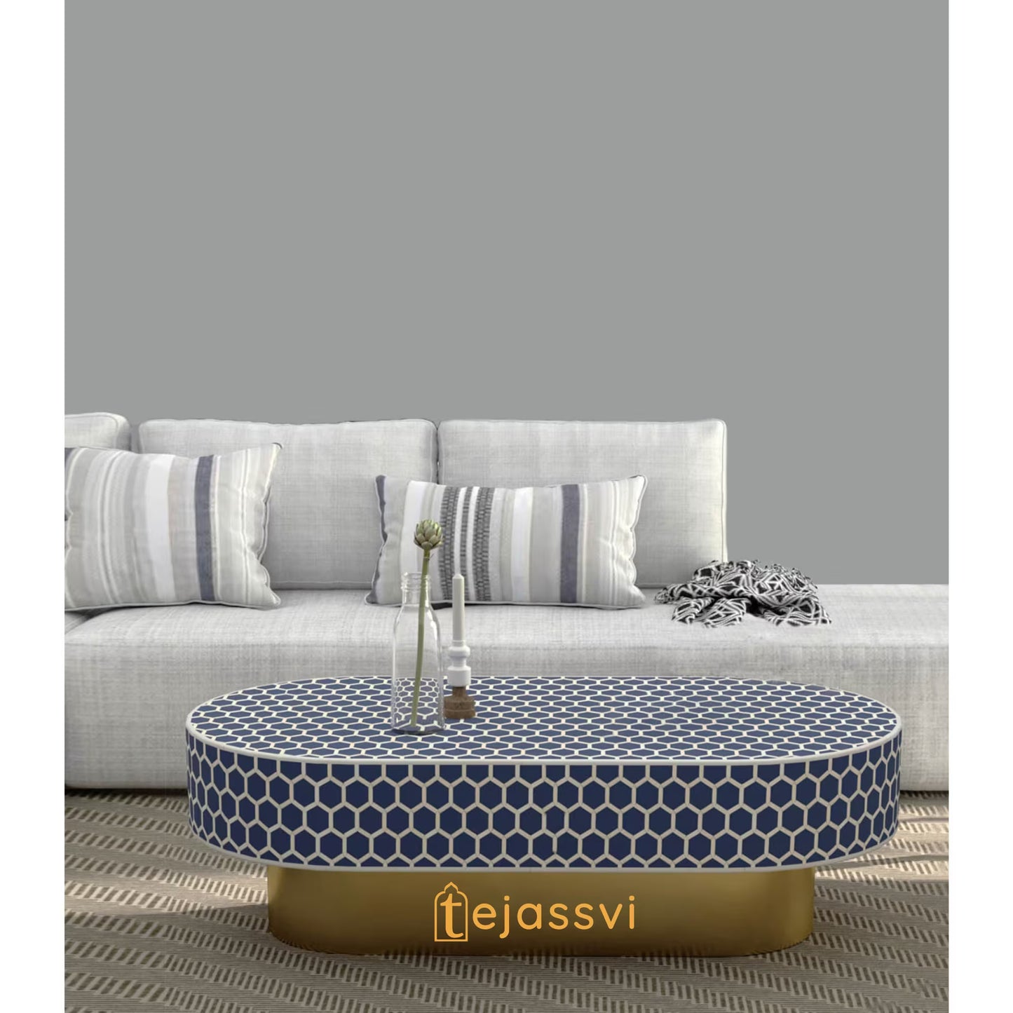 Wooden Oval Shape Coffee Table, BONE INLAY TABLE, Oval Shape Coffee Table, Strip Design Centre Table, Bone Inlay Furniture Cocktail Table...