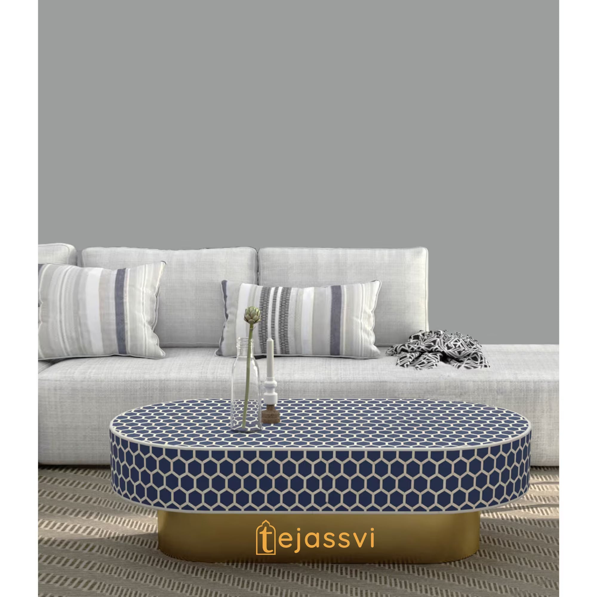 Bone Inlay Coffee Table / Wooden Oval Shape Coffee Table / Bone Inlay Centre Table  / Bone Inlay Furniture Cocktail Table.