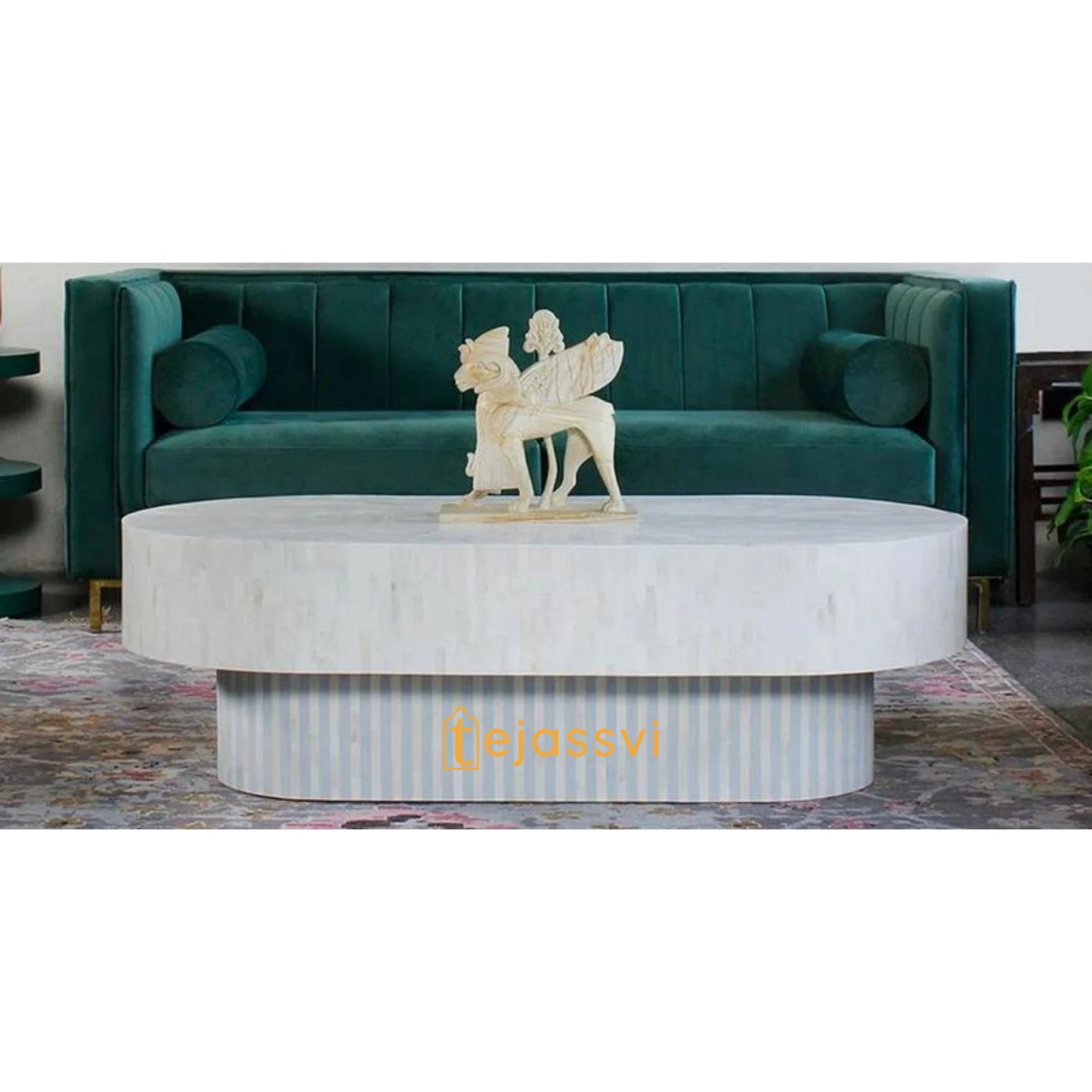 Wooden Coffee Table/Handmade Bone Inlay Oval Shape Coffee Table/Center Table/Black Floral Design Centre Table, Bone Inlay Cocktail Table..