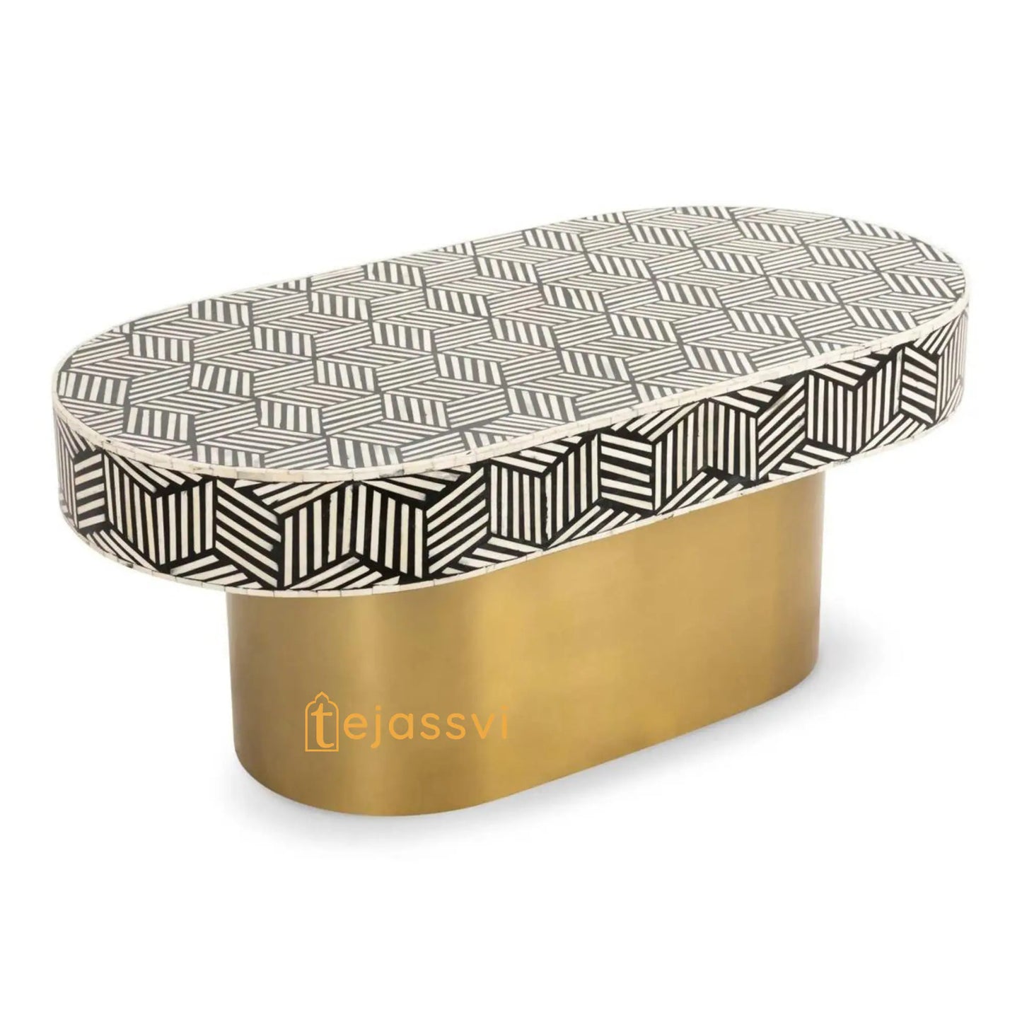 Wooden Oval Shape Coffee Table, BONE INLAY TABLE, Oval Shape Coffee Table, Strip Design Centre Table, Bone Inlay Furniture Cocktail Table...