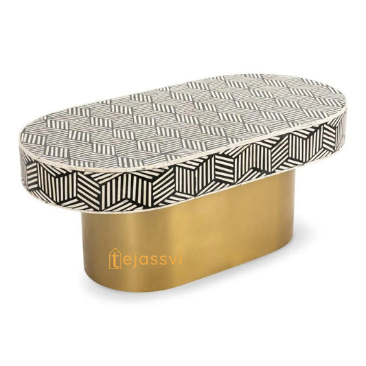Wooden Oval Shape Coffee Table, BONE INLAY TABLE, Oval Shape Coffee Table, Strip Design Centre Table, Bone Inlay Furniture Cocktail Table...