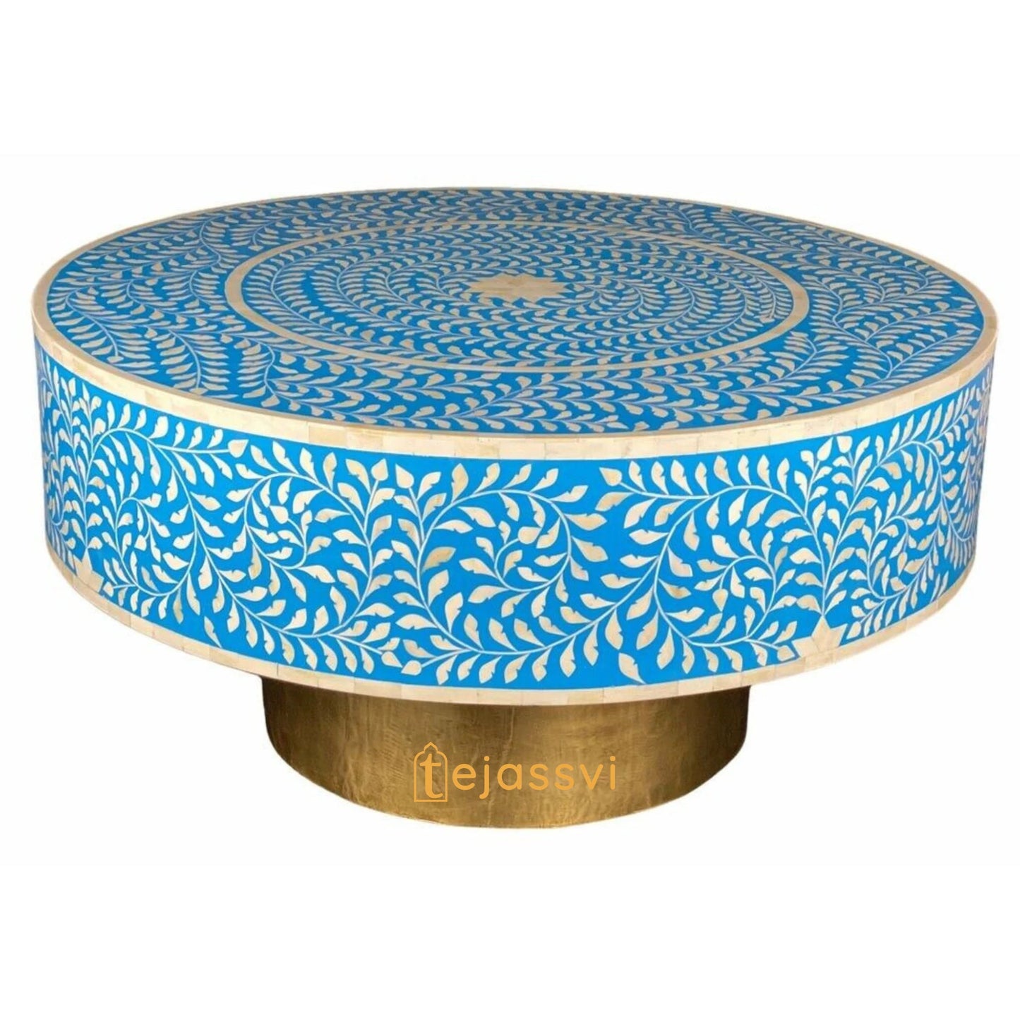 Wooden Floral Blue Round Coffee Table/Bone Inlay Coffee Table/Wooden Center Table/Bone Inlay Table/Centre Table, Bone Inlay Cocktail Table.