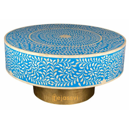 Wooden Floral Blue Round Coffee Table/Bone Inlay Coffee Table/Wooden Center Table/Bone Inlay Table/Centre Table, Bone Inlay Cocktail Table.