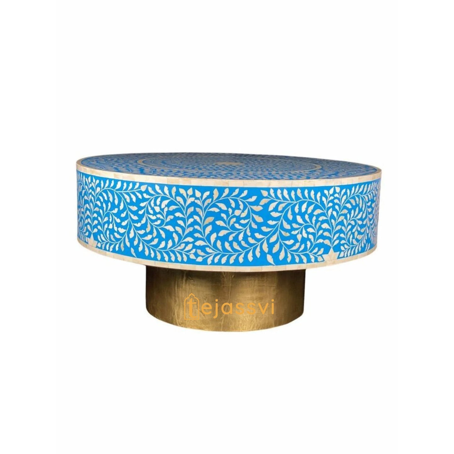Wooden Floral Blue Round Coffee Table/Bone Inlay Coffee Table/Wooden Center Table/Bone Inlay Table/Centre Table, Bone Inlay Cocktail Table.