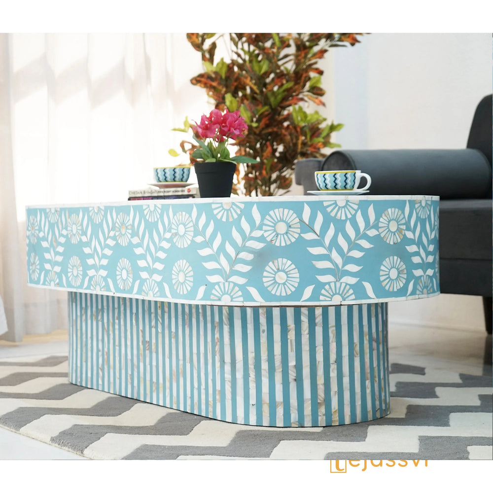 Bone Inlay Coffee Table / Wooden Oval Shape Coffee Table / Bone Inlay Floral Design Centre Table  / Bone Inlay Furniture Cocktail Table.