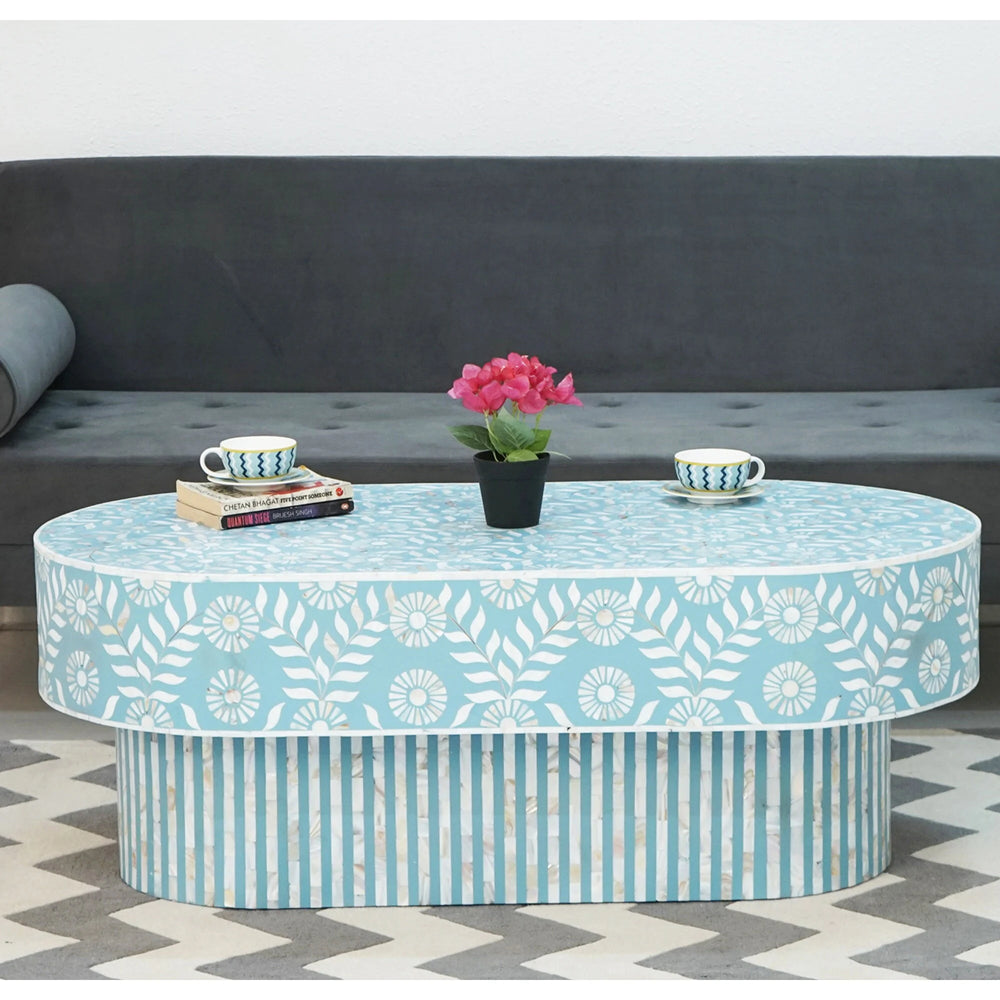Bone Inlay Coffee Table / Wooden Oval Shape Coffee Table / Bone Inlay Floral Design Centre Table  / Bone Inlay Furniture Cocktail Table.