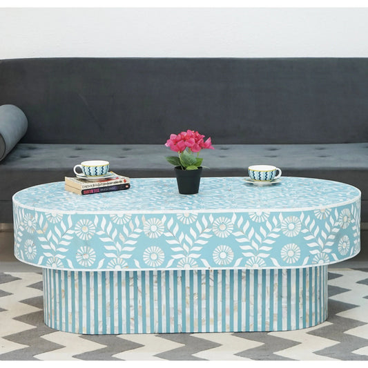 Wooden Oval Shape Coffee Table, BONE INLAY TABLE, Oval Shape Coffee Table, Strip Design Centre Table, Bone Inlay Furniture Cocktail Table...