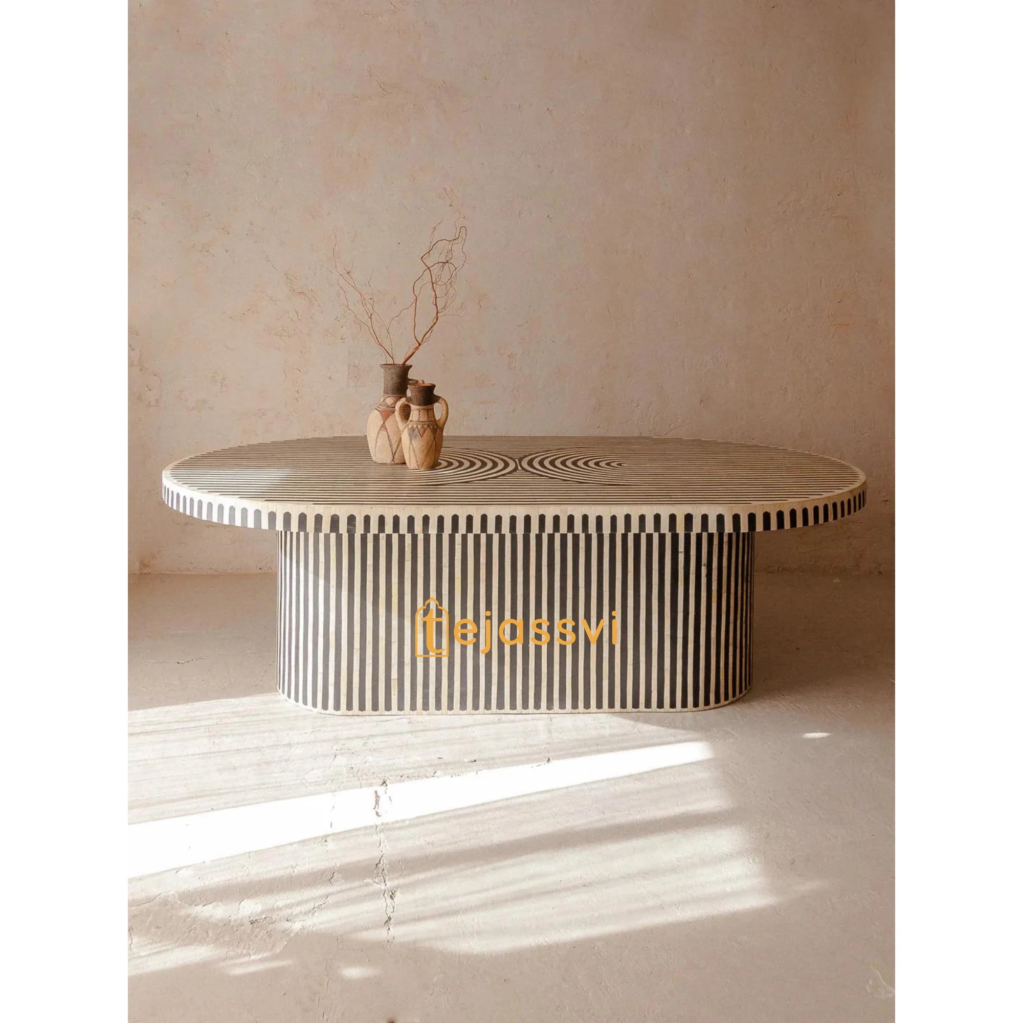 Bone Inlay Coffee Table / Wooden Oval Shape Coffee Table / Bone Inlay Strip Design Centre Table  / Bone Inlay Furniture Cocktail Table.