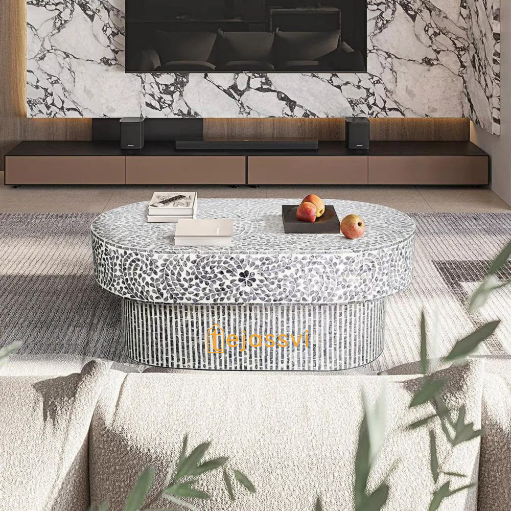 Modern Luxury Oval Shape Wood Coffee Table / Mother of Pearl Centre Table / Floral Design Cocktail Table / MOP Inlay Furniture / Bone Inlay Tea Table.