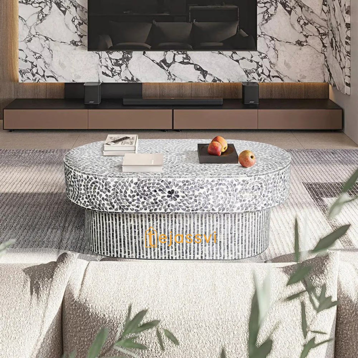 Modern Luxury Oval Shape Wood Coffee Table/Mother of Pearl Centre Table/Floral Design Cocktail Table/MOP InlayFurniture/Bone Inlay Tea Table