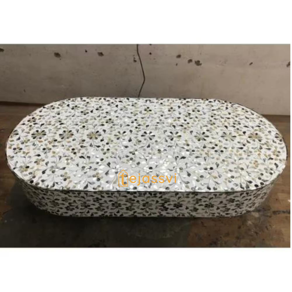 Mother of Pearl  Modern Luxury Oval Shape Coffee Table / Mother of Pearl Centre Table / Floral Design Cocktail Table / MOP Inlay Furniture / Bone Inlay Tea Table.