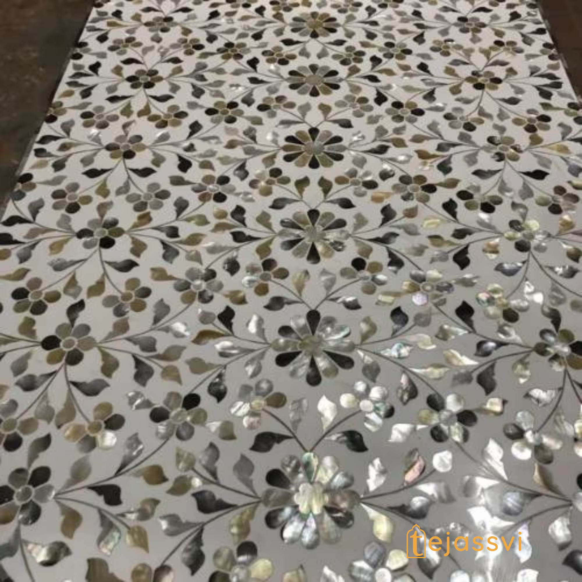 Mother of Pearl  Modern Luxury Oval Shape Coffee Table / Mother of Pearl Centre Table / Floral Design Cocktail Table / MOP Inlay Furniture / Bone Inlay Tea Table.
