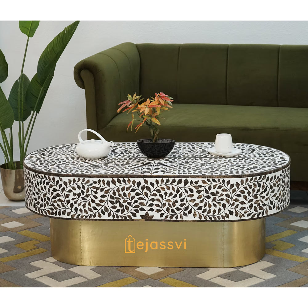 Wood Inlay Oval Shape Coffee Table / Wooden Coffee Table / Wood Inlay Centre Table &nbsp;/ Wood Inlay Furniture Cocktail Table.