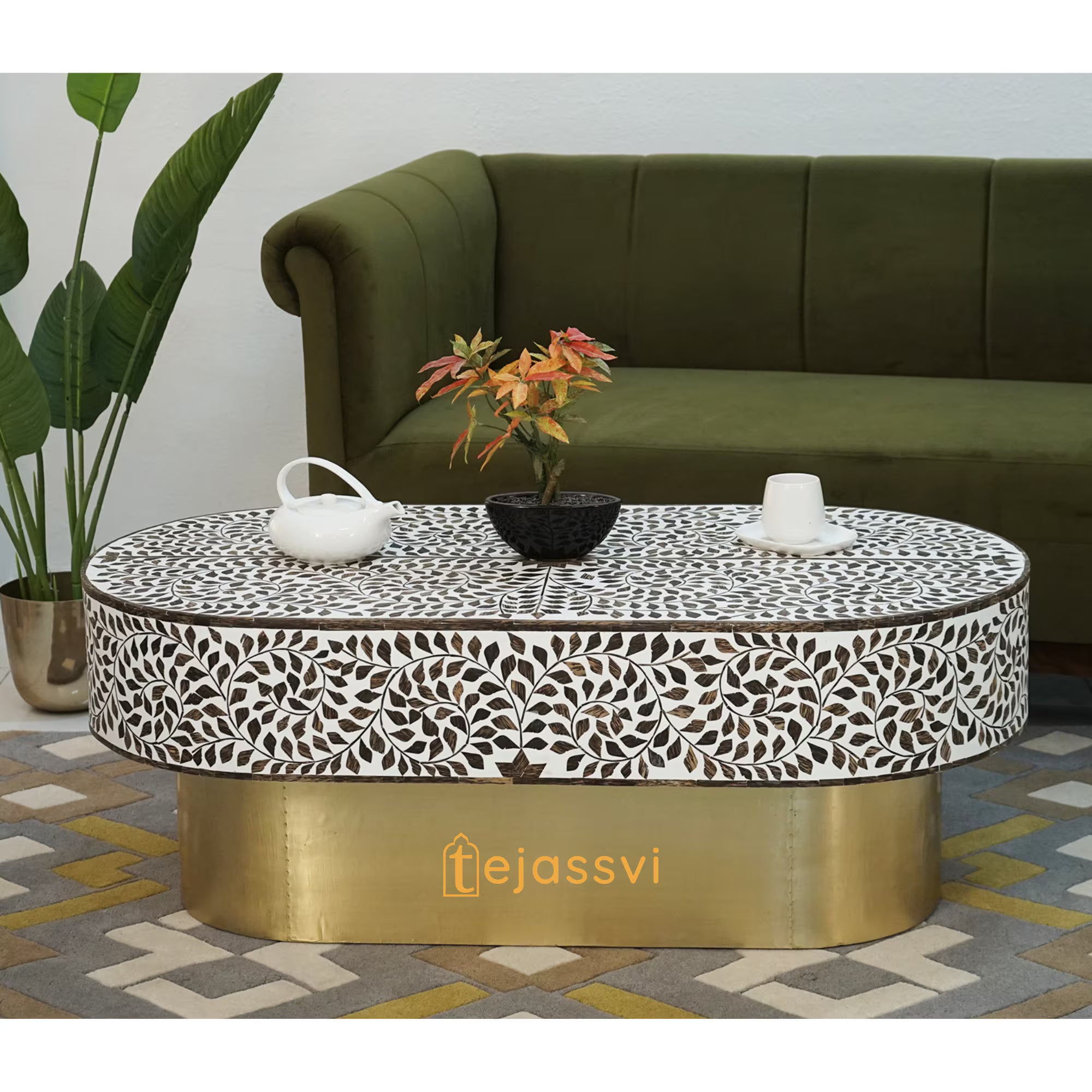 Wood Inlay Oval Shape Coffee Table / Wooden Coffee Table / Wood Inlay Centre Table &nbsp;/ Wood Inlay Furniture Cocktail Table.