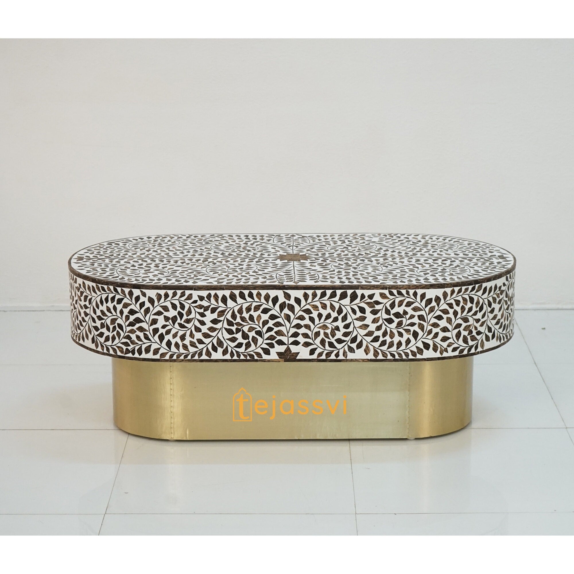 Wood Inlay Oval Shape Coffee Table / Wooden Coffee Table / Wood Inlay Centre Table &nbsp;/ Wood Inlay Furniture Cocktail Table.