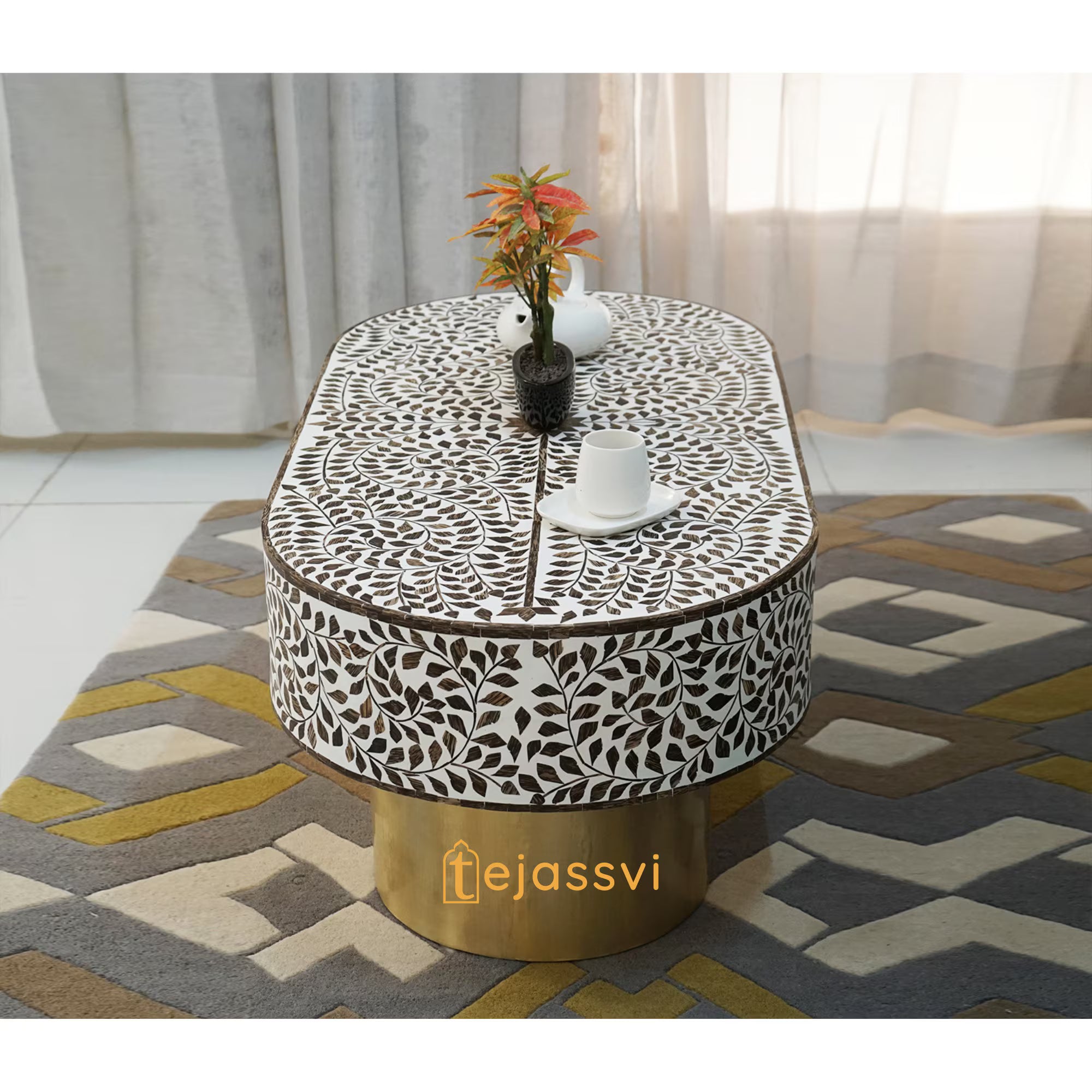 Wood Inlay Oval Shape Coffee Table / Wooden Coffee Table / Wood Inlay Centre Table &nbsp;/ Wood Inlay Furniture Cocktail Table.