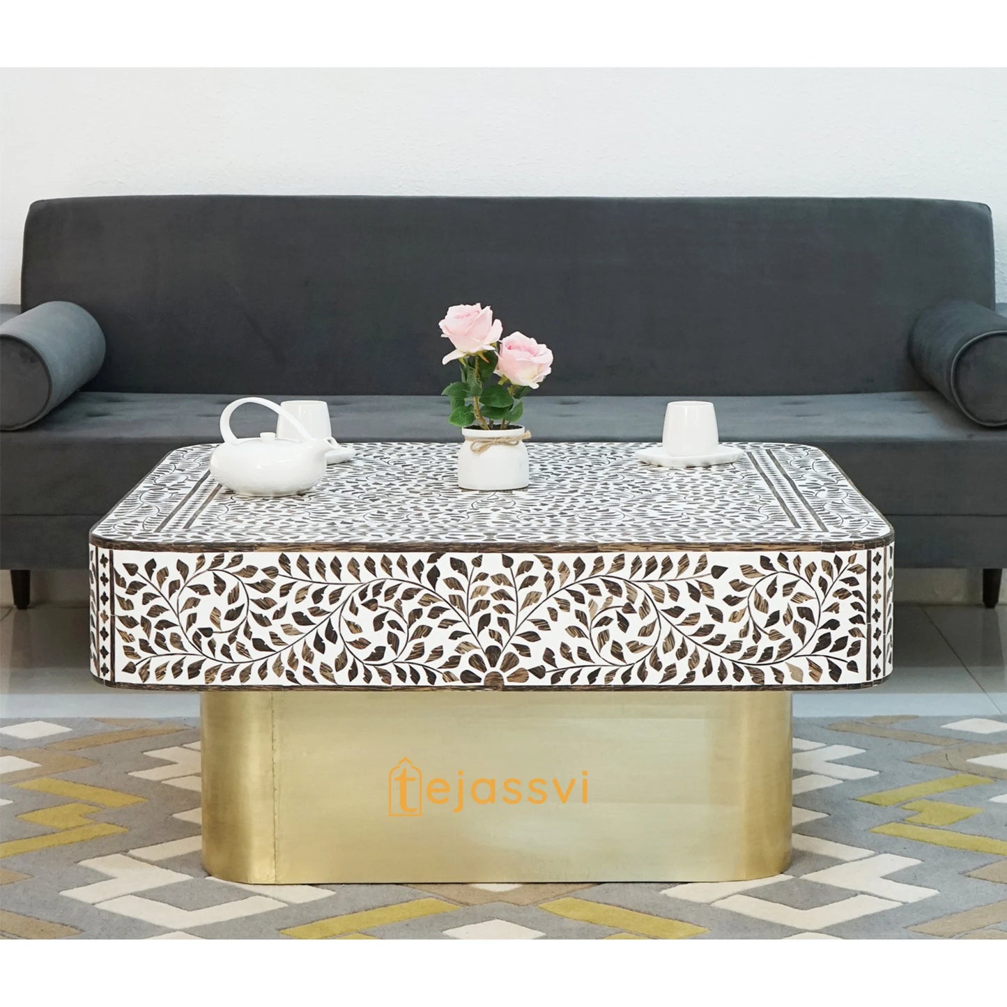 Wooden Square Coffee Table/Bone Inlay Coffee Table/Center Table/Wood Inlay Table/Floral Design Wood Inlay  Cocktail Table/Wooden CoffeeTable