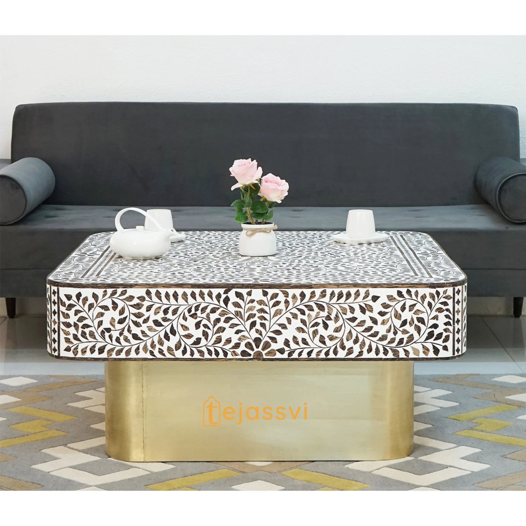 Wood Inlay Square Coffee Table/ Wood Inlay Coffee Table / Square Center Table / Wood Inlay Table / Floral Design Wood Inlay Cocktail Table / Wooden Coffee Table.