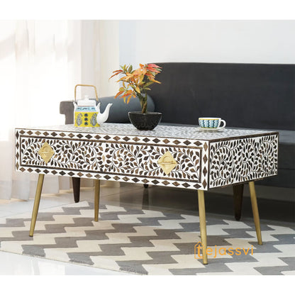 Bone Inlay Wooden Coffee Table/MOP Bone Inlay Oval Shape Coffee Table/Oval Coffee Table/Floral Design Centre Table/Bone Inlay Cocktail Table