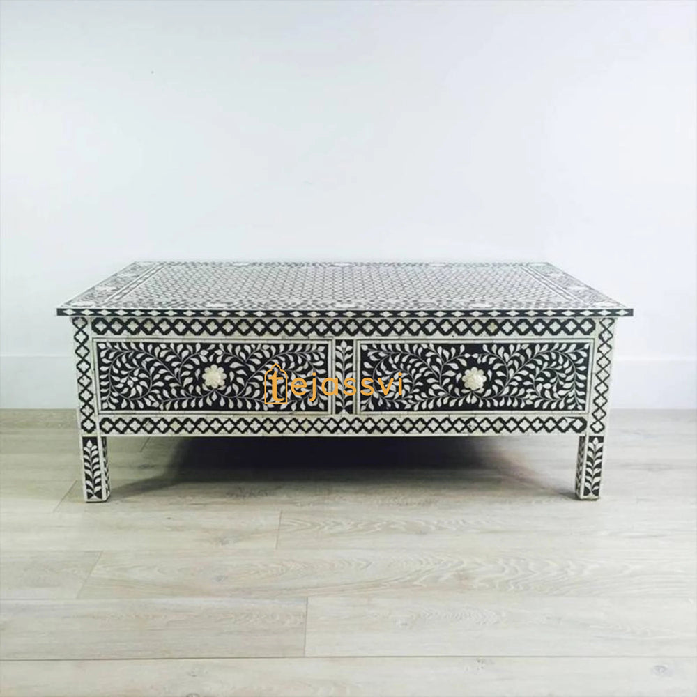 Handmade Bone inlay Side Table with Storage | Bone Inlay Floral Pattern Center Table / Bone Inlay Furniture Cocktail Table Luxury Furniture.