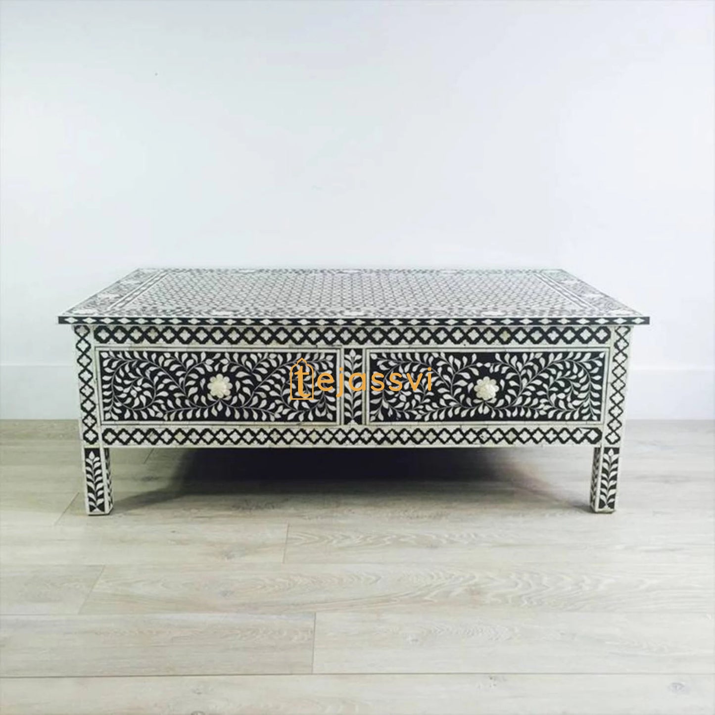 Handmade Bone inlay Coffee Table with Storage | Black Floral Pattern Center table, Bone Inlay Furniture Cocktail Table, Luxury Furniture
