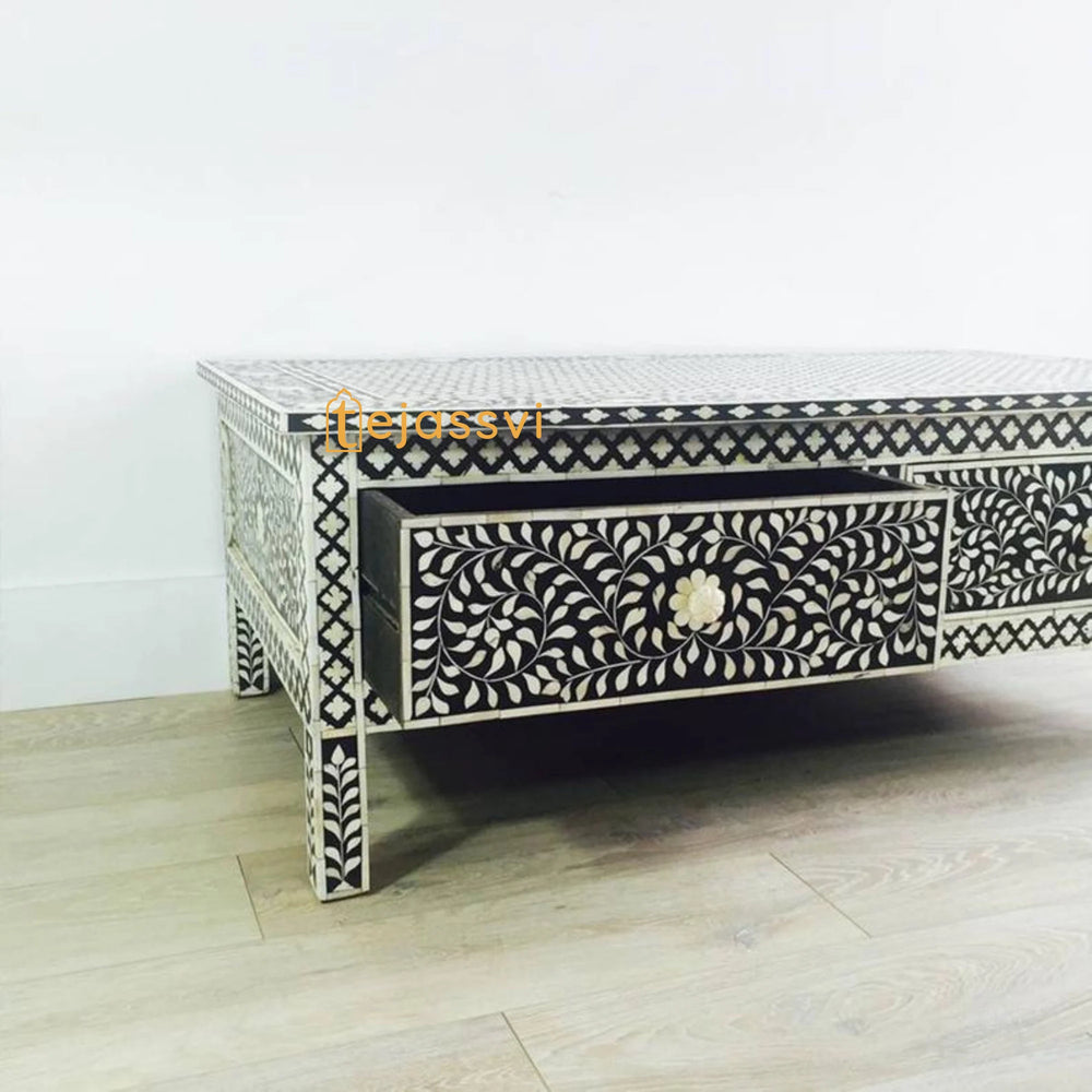 Handmade Bone inlay Side Table with Storage | Bone Inlay Floral Pattern Center Table / Bone Inlay Furniture Cocktail Table Luxury Furniture.