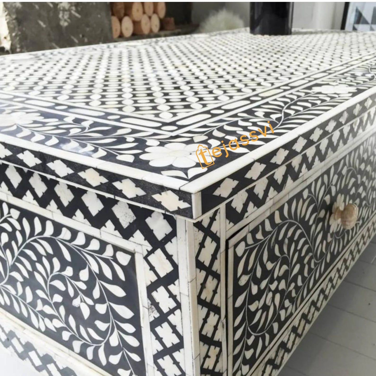 Handmade Bone inlay Coffee Table with Storage | Black Floral Pattern Center table, Bone Inlay Furniture Cocktail Table, Luxury Furniture