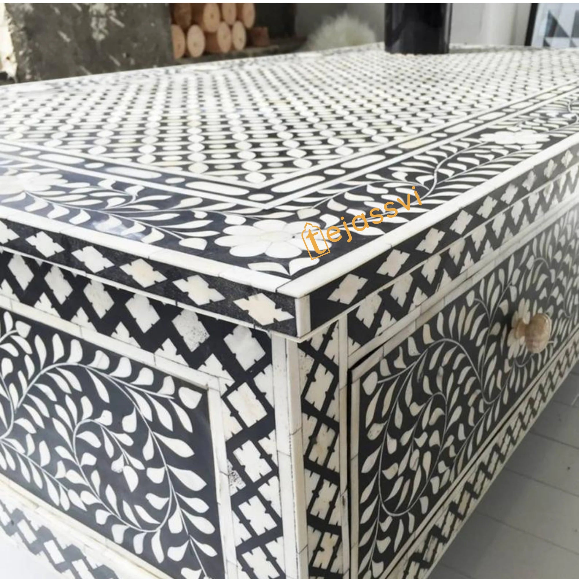 Handmade Bone inlay Side Table with Storage | Bone Inlay Floral Pattern Center Table / Bone Inlay Furniture Cocktail Table Luxury Furniture.