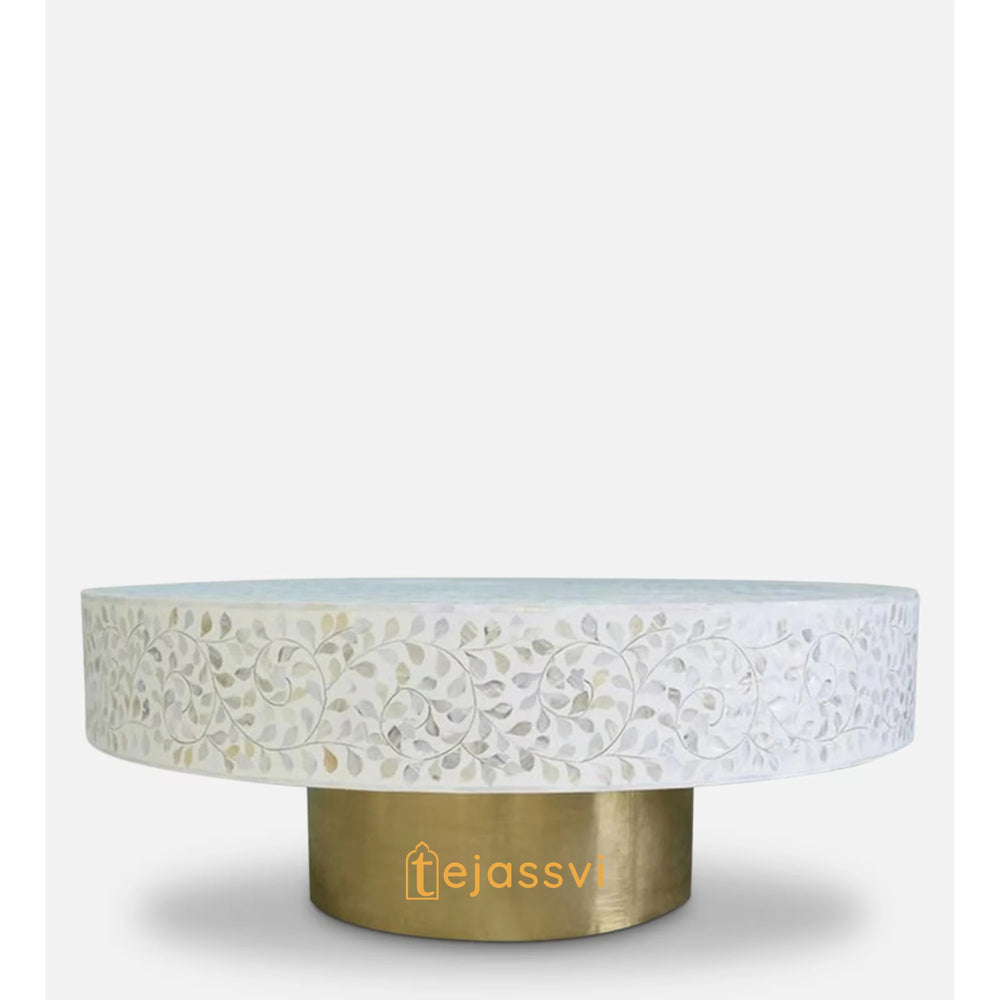Wood MOP Round Coffee Table / Mother of pearl Inlay Coffee Table / Floral Design Centre Table / MOP Inlay Furniture Cocktail Table / Modern Luxury furniture.